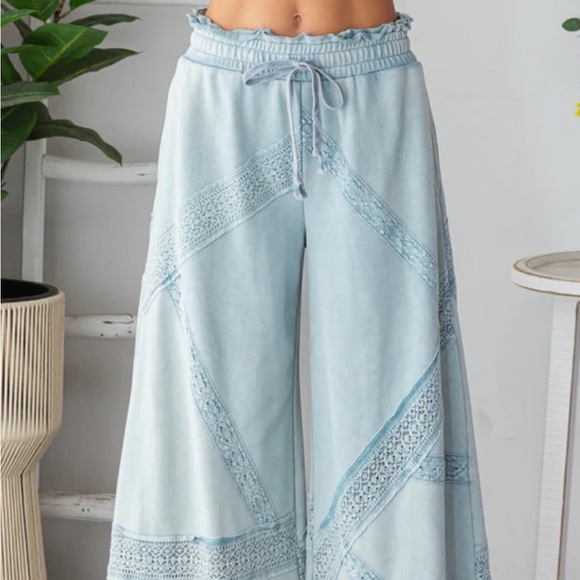 Oli & Hali Pants - New Oli & Hali Sky Blue Wide-Leg Pants with Lace